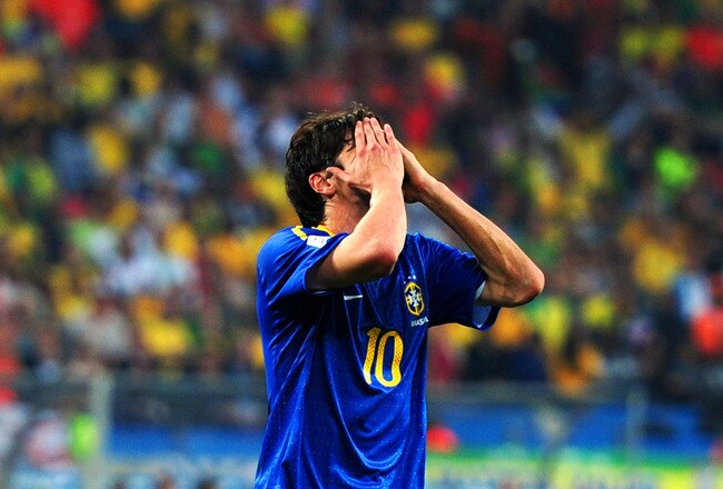 PORT ELIZABETH, SOUTH AFRICA - JULY 02:  Kaka of Brazil reacts during the 2010 FIFA World Cup South Africa Quarter Final match between Netherlands and Brazil at Nelson Mandela Bay Stadium on July 2, 2010 in Nelson Mandela Bay/Port Elizabeth, South Africa.  (Photo by Laurence Griffiths/Getty Images)