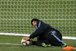 PRETORIA, SOUTH AFRICA - JUNE 30:  Diego Maradona head coach of Argentina jokes around as he makes a save in goal during a training session ahead of their FIFA 2010 World Cup quarter-final match against Germany on June 30, 2010 in Pretoria, South Africa.  (Photo by Chris McGrath/Getty Images)