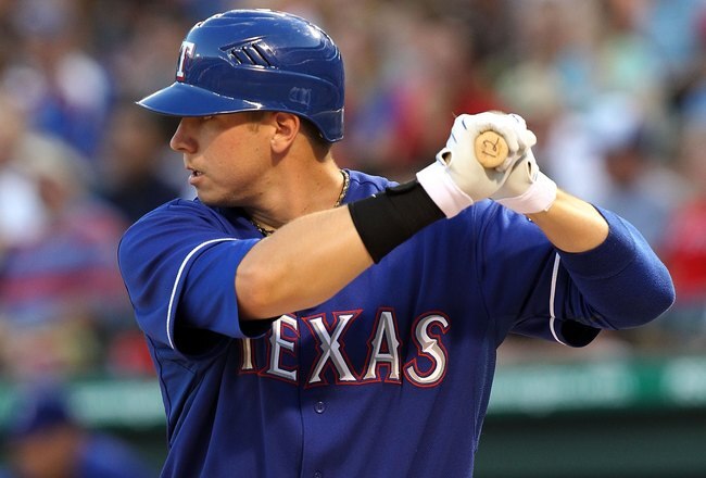 ARLINGTON, TX - MAY 06:  First baseman Justin Smoak #12 of the Texas Rangers on May 6, 2010 at the Ballpark in Arlington, Texas.  (Photo by Ronald Martinez/Getty Images)