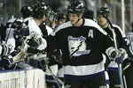 TAMPA, FL - JANUARY 16:  Vinny Lecavalier #4 of the Tampa Bay Lightning celebrates after his first period goal against the Toronto Maple Leafs at the St. Pete Times Forum on January 16, 2007 in Tampa, Florida.  (Photo by Doug Benc/Getty Images)