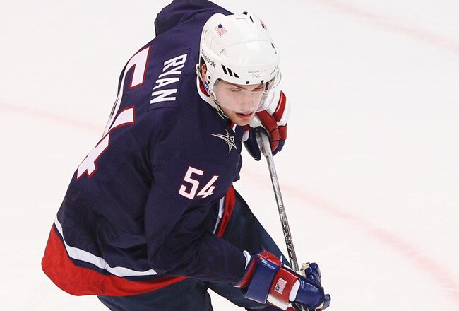 VANCOUVER, BC - FEBRUARY 24:  Bobby Ryan #54 of the United States controls the puck during the ice hockey men's quarter final game between USA and Switzerland on day 13 of the Vancouver 2010 Winter Olympics at Canada Hockey Place on February 24, 2010 in Vancouver, Canada.  (Photo by Cameron Spencer/Getty Images)