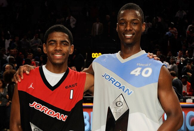 NEW YORK - APRIL 17:  Kyrie Irving #1 and Harrison Barnes #40 pose after the National Game at the 2010 Jordan Brand classic at Madison Square Garden on April 17, 2010 in New York City.  (Photo by Larry Busacca/Getty Images for Jordan Brand Classic)