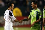 CARSON, CA - JULY 04:  Landon Donovan #10 of the Los Angeles Galaxy shakes hands with Miguel Montano #32 of the Seattle Sounders FC after the game on July 4, 2010 at the Home Depot Center in Carson, California.  Donovan was playing in his first MLS game since returning from the 2010 FIFA World Cup in South Africa.  (Photo by Jeff Golden/Getty Images)