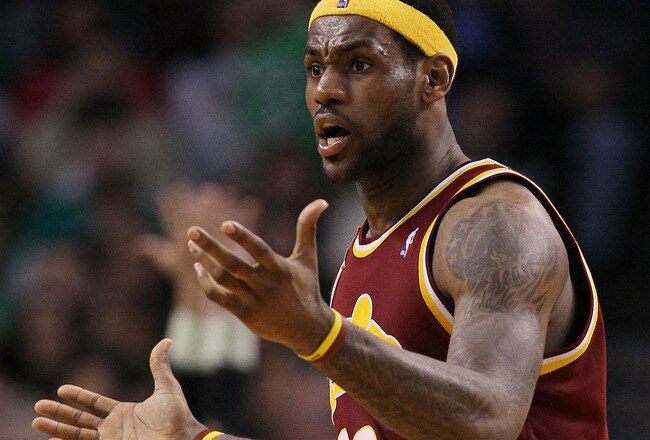 BOSTON - MAY 09:  LeBron James #23 of the Cleveland Cavaliers reacts after a foul is called on him in the second half against the Boston Celtics during Game Four of the Eastern Conference Semifinals of the 2010 NBA playoffs at TD Garden on May 9, 2010 in Boston, Massachusetts. The Celtics defeated the Cavaliers 97-87. NOTE TO USER: User Expressly Acknowledges and agrees that, by downloading and or using this photograph, User is consenting to the terms and conditions of the Getty Images License Agreement.  (Photo by Elsa/Getty Images)
