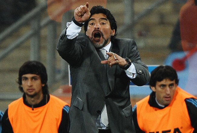 JOHANNESBURG, SOUTH AFRICA - JUNE 27:  Diego Maradona head coach of Argentina shouts instructions to his players during the 2010 FIFA World Cup South Africa Round of Sixteen match between Argentina and Mexico at Soccer City Stadium on June 27, 2010 in Johannesburg, South Africa.  (Photo by Laurence Griffiths/Getty Images)