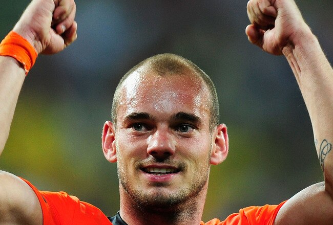 PORT ELIZABETH, SOUTH AFRICA - JULY 02:  Wesley Sneijder of the Netherlands celebrates victory following the 2010 FIFA World Cup South Africa Quarter Final match between Netherlands and Brazil at Nelson Mandela Bay Stadium on July 2, 2010 in Nelson Mandela Bay/Port Elizabeth, South Africa.  (Photo by Jamie McDonald/Getty Images)