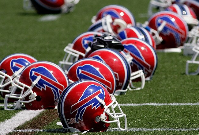 PITTSFORD, NY - JULY 25: Helmets of the Buffalo Bills lay on the field during Training Camp on July 25, 2008 at Saint John Fisher College in Pittsford, New York.  (Photo by Rick Stewart/Getty Images)