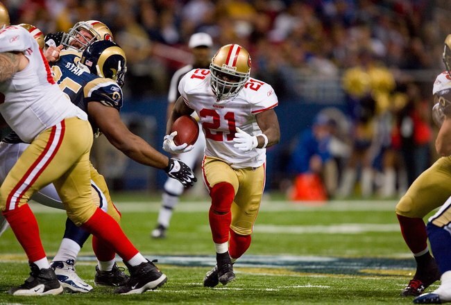 ST. LOUIS - JANUARY 3:  Frank Gore #21 of the San Francisco 49ers carries the ball during the game against the St. Louis Rams at the Edward Jones Dome on January 3, 2010 in St. Louis, Missouri.  The 49ers beat the Rams 28-6.  (Photo by Dilip Vishwanat/Getty Images)