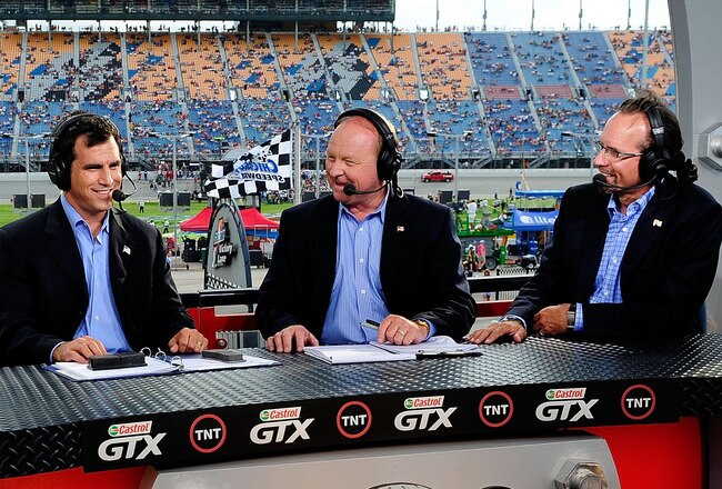 JOLIET, IL - JULY 12:  (L-R) Kyle Busch, driver of the #18 M&M's Toyota, appears on air with Marc Fein, Larry McReynolds and Kyle Petty prior to the start of the NASCAR Sprint Cup Series LifeLock.com 400 on July 12, 2008 at Chicagoland Speedway in Joliet, Illinois.  (Photo by Rusty Jarrett/Getty Images for NASCAR)