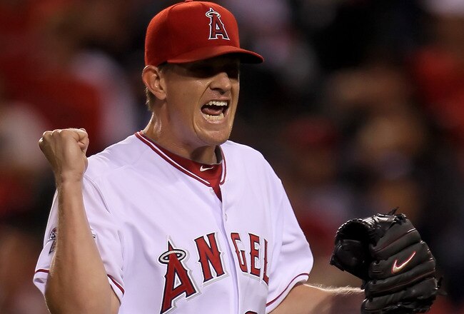 ANAHEIM, CA - JULY 01:  Jered Weaver #36 of the Los Angeles Angels of Anaheim celebrates after getting David Murphy of the Texas Rangers to pop out in the fourth inning at Anaheim Stadium on July 1, 2010 in Anaheim, California.  (Photo by Jeff Gross/Getty Images)