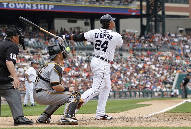DETROIT - JUNE 13:  Miguel Cabrera #24 of the Detroit Tigers hits an eight inning two run game winning home run off Octavio Dotel #29 of the Pittsburgh Pirates during the game on June 13, 2010 at Comerica Park in Detroit, Michigan. The Tigers defeated the Pirates 4-3.  (Photo by Leon Halip/Getty Images)