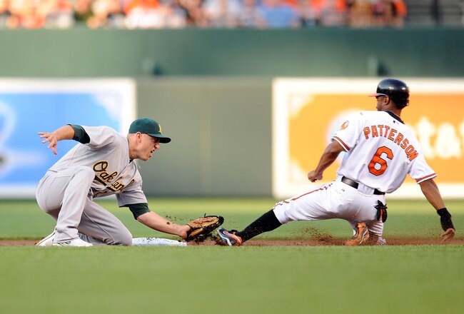 BALTIMORE - JUNE 30:  Corey Patterson #6 of the Baltimore Orioles is tagged out trying to steal second base by Cliff Pennington #2 of the Oakland Athletics at Camden Yards on June 30, 2010 in Baltimore, Maryland.  (Photo by Greg Fiume/Getty Images)