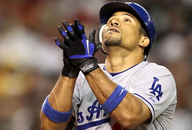 PHOENIX - JULY 03:  Rafael Furcal #15 of the Los Angeles Dodgers looks up to the sky after hitting a solo home run against the Arizona Diamondbacks during the fourth inning of the Major League Baseball game at Chase Field on July 3, 2010 in Phoenix, Arizona.  (Photo by Christian Petersen/Getty Images)
