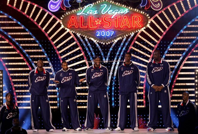 LAS VEGAS - FEBRUARY 18:  (L-R) Dwyane Wade,Gilbert Arenas, LeBron James, Chris Bosh and Shaquille O'Neal of the Eastern Conference are introduced to start the 2007 NBA All-Star Game on February 18, 2007 at Thomas & Mack Center in Las Vegas, Nevada.  NOTE TO USER: User expressly acknowledges and agrees that, by downloading and or using this photograph, user is consenting to the term and conditions of the Getty Images License Agreement.  (Photo by Lisa Blumenfeld/Getty Images)