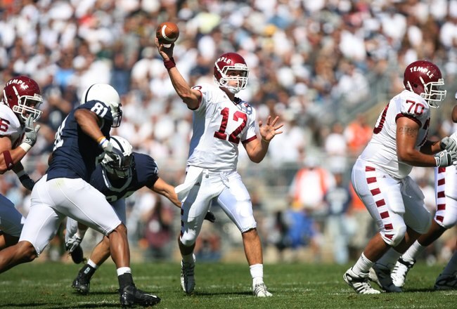 STATE COLLEGE, PA - SEPTEMBER 19: Quarterback Vaughn Charlton #12 of the Temple Owls throws a pass during a game against the Penn State Nittany Lions on September 19, 2009 at Beaver Stadium in State College, Pennsylvania. (Photo by Hunter Martin/Getty Images)