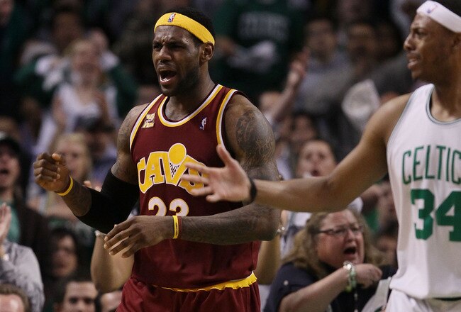 BOSTON - MAY 09:  LeBron James #23 of the Cleveland Cavaliers and Paul Pierce #34 of the Boston Celtics react to a call during Game Four of the Eastern Conference Semifinals of the 2010 NBA playoffs at TD Garden on May 9, 2010 in Boston, Massachusetts  NOTE TO USER: User Expressly Acknowledges and agrees that, by downloading and or using this photograph, User is consenting to the terms and conditions of the Getty Images License Agreement.  (Photo by Elsa/Getty Images)