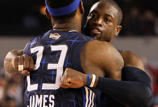 ARLINGTON, TX - FEBRUARY 14:  LeBron James #23 and Dwyane Wade #3 of the Eastern Conference celebrate their 141-139 victory over the Western Conference during the NBA All-Star Game, part of 2010 NBA All-Star Weekend at Cowboys Stadium on February 14, 2010 in Arlington, Texas. NOTE TO USER: User expressly acknowledges and agrees that, by downloading and or using this photograph, User is consenting to the terms and conditions of the Getty Images License Agreement.  (Photo by Jed Jacobsohn/Getty Images)