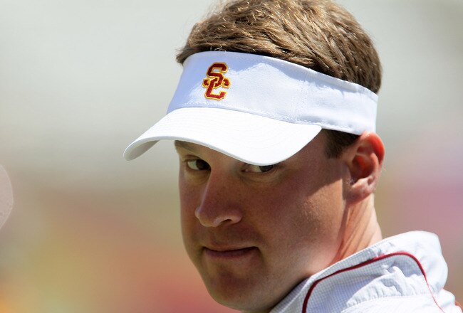 LOS ANGELES, CA - MAY 01:  Head coach Lane Kiffin looks on during the  USC Trojans spring game on  May 1, 2010 at the Los Angeles Memorial Coliseum in Los Angeles, California.  (Photo by Stephen Dunn/Getty Images)