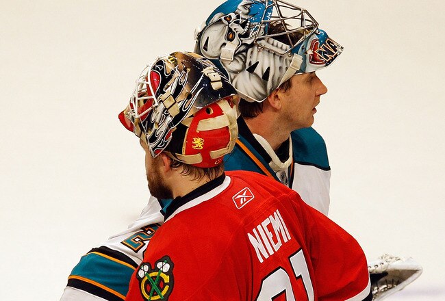 CHICAGO - MAY 23:  Goaltender Antti Niemi #31 of the Chicago Blackhawks shakes hands with Evgeni Nabokov #20 of the San Jose Sharks after the Blackhawks defeated the Sharks 4-2 in Game Four of the Western Conference Finals during the 2010 NHL Stanley Cup Playoffs at the United Center on May 23, 2010 in Chicago, Illinois.  (Photo by Jonathan Daniel/Getty Images)