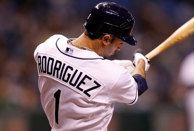 ST. PETERSBURG - JUNE 11:  Sean Rodriguez #1 of the Tampa Bay Rays fouls off a pitch against the Florida Marlins at Tropicana Field on June 11, 2010 in St. Petersburg, Florida.  (Photo by J. Meric/Getty Images)