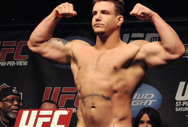 NEWARK, NJ - MARCH 26:  UFC fighter Frank Mir (pictured) weighs in for his fight against UFC fighter Shane Carwin for their Interim Championship Heavyweight fight at UFC 111: St-Pierre vs. Hardy Weigh-In on March 26, 2010 in Newark, New Jersey.  (Photo by Jon Kopaloff/Getty Images)