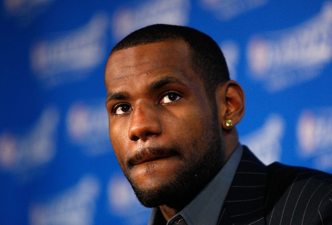 BOSTON - MAY 18:  LeBron James #23 of the Cleveland Cavaliers looks on during his post game press conference after the Cavaliers lost 97-92 against the Boston Celtics in Game Seven of the Eastern Conference Semifinals during the 2008 NBA Playoffs at the TD Banknorth Garden May 18, 2008 in Boston, Massachusetts. NOTE TO USER: User expressly acknowledges and agrees that, by downloading and or using this Photograph, user is consenting to the terms and conditions of the Getty Images License Agreement.  (Photo by Jim Rogash/Getty Images)