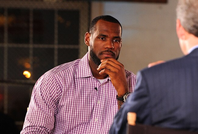 GREENWICH, CT - JULY 08:  LeBron James and ESPN's Jim Gray speak at the LeBron James announcement of his future NBA plans at the  Boys & Girls Club of America on July 8, 2010 in Greenwich, Connecticut. James announced during a live broadcast on ESPN that he will play for the Miami Heat next season.  (Photo by Larry Busacca/Getty Images for Estabrook Group)