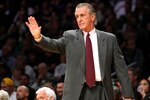 LOS ANGELES - FEBRUARY 28:    Head coach Pat Riley of the Miami Heat gestures during the game with the Los Angeles Lakers on February 28, 2008 at Staples Center in Los Angeles, California.  The Lakers won 106-88. NOTE TO USER: User expressly acknowledges and agrees that, by downloading and/or using this Photograph, user is consenting to the terms and conditions of the Getty Images License Agreement. (Photo by Stephen Dunn/Getty Images)