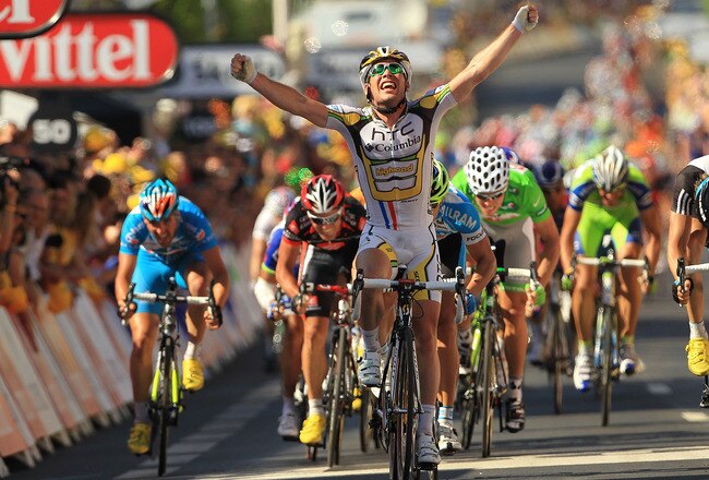 MONTARGIS, FRANCE - JULY 08: Britain's Mark Cavendish of team HTC-Columbia sprints to the finish of the 187km course in stage 5 of the Tour de France on July 8, 2010 in Montargis, France. A relativly flat stage of the race, the route features only two climbs. Swiss rider Fabian Cancellara of team Saxo Bank has continued to hold the yellow jersey. The iconic bicycle race will include a total of 20 stages and will cover 3,642km before concluding in Paris on July 25.  (Photo by Spencer Platt/Getty Images)