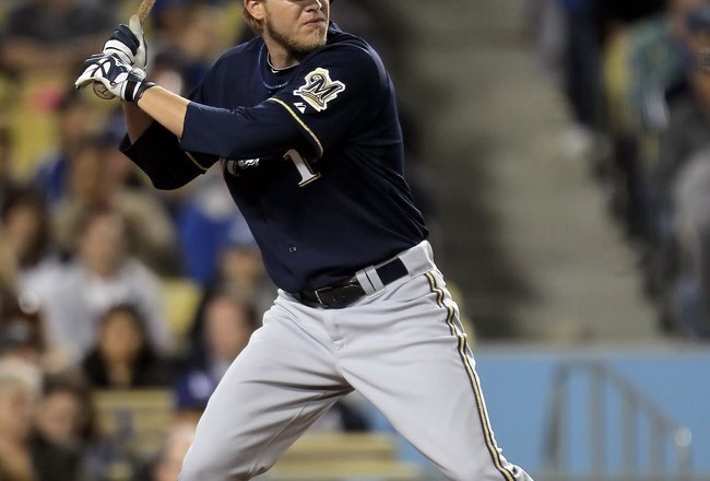 LOS ANGELES, CA - MAY 06:  Corey Hart #1 of the Milwaukee Brewers bats against the Los Angeles Dodgers at Dodger Stadium on May 6, 2010 in Los Angeles, California.  (Photo by Jeff Gross/Getty Images)