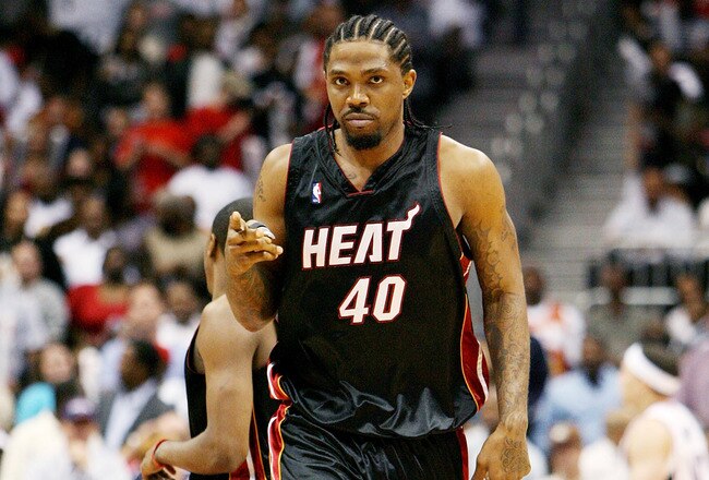 ATLANTA - APRIL 22:  Udonis Haslem #40 of the Miami Heat celebrates after hitting a basket late in the game against the Atlanta Hawks during Game Two of the Eastern Conference Quarterfinals at Philips Arena on April 22, 2009 in Atlanta, Georgia. The Heat defeated the Hawks 108-93. NOTE TO USER: User expressly acknowledges and agrees that, by downloading and/or using this Photograph, user is consenting to the terms and conditions of the Getty Images License Agreement.  (Photo by Doug Benc/Getty Images)