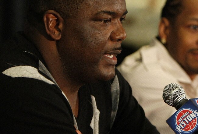 AUBURN HILLS, MI - NOVEMBER 04: President of Basketball Operations Joe Dumars of the Detroit Pistons introduces Allen Iverson #1 at press conference after being traded from the Denver Nuggets on November 4, 2008 at the Palace of Auburn Hills in Auburn Hills, Michigan. NOTE TO USER: User expressly acknowledges and agrees that, by downloading and or using this photograph, User is consenting to the terms and conditions of the Getty Images License Agreement.  (Photo by Gregory Shamus/Getty Images)