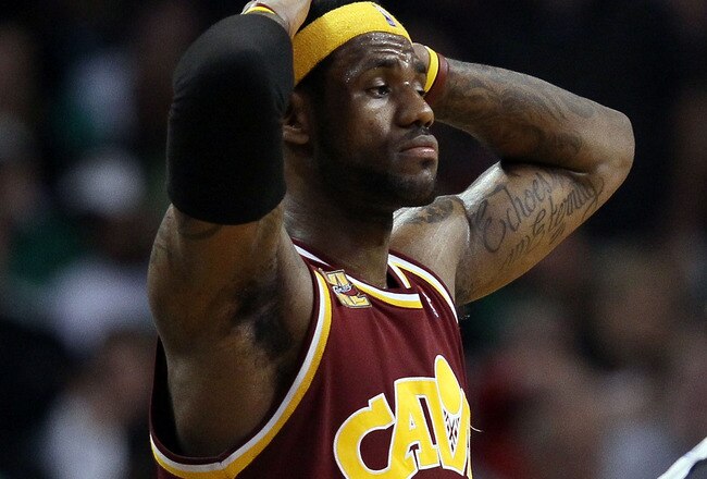BOSTON - MAY 09:  LeBron James #23 of the Cleveland Cavaliers looks on late in the fourth quarter against the Boston Celtics during Game Four of the Eastern Conference Semifinals of the 2010 NBA playoffs at TD Garden on May 9, 2010 in Boston, Massachusetts. The Celtics defeated the Cavaliers 97-87. NOTE TO USER: User Expressly Acknowledges and agrees that, by downloading and or using this photograph, User is consenting to the terms and conditions of the Getty Images License Agreement.  (Photo by Elsa/Getty Images)