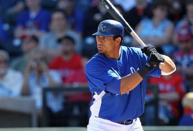 SURPRISE, AZ - MARCH 05:  Kila Ka'aihue #25 of the Kansas City Royals bats against the Cincinnati Reds during the MLB spring training game at Goodyear Ballpark on March 8, 2010 in Goodyear, Arizona.  The Reds defeated the Royals 14-5.  (Photo by Christian Petersen/Getty Images)
