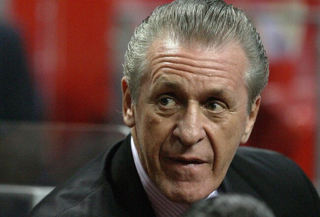 MIAMI - APRIL 27:  Pat Riley, president of the Miami Heat, and his wife Chris Riley watch the Heat take on the Atlanta Hawks during Game Four of the Eastern Conference Quarterfinals of the 2009 NBA Playoffs at American Airlines Arena on April 27, 2009 in Miami, Florida. NOTE TO USER: User expressly acknowledges and agrees that, by downloading and/or using this Photograph, user is consenting to the terms and conditions of the Getty Images License Agreement.  (Photo by Doug Benc/Getty Images)