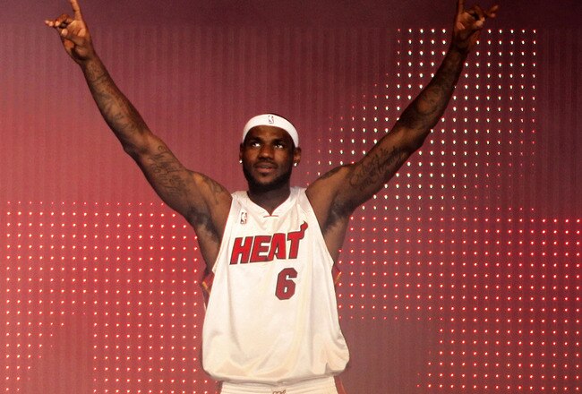 MIAMI - JULY 09:  LeBron James #6 of the Miami Heat is introduced during a welcome party at American Airlines Arena on July 9, 2010 in Miami, Florida.  (Photo by Marc Serota/Getty Images)
