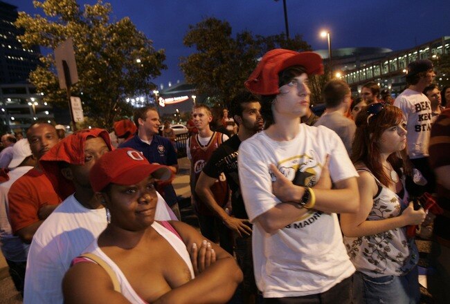 CLEVELAND - JULY 8: Fans react after listening to LeBron James announce he will play next season for the Miami Heat July 8, 2010 in Cleveland, Ohio. The two-time Most Valuable Player made the choice to play for Miami next season. (Photo by J.D. Pooley/Getty Images)