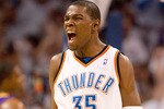 OKLAHOMA CITY - APRIL 24: Kevin Durant #35 of the Oklahoma City Thunder celebrates a foul called against the Los Angeles Lakers during Game Four of the Western Conference Quarterfinals of the 2010 NBA Playoffs on April 24, 2010 at the Ford Center in Oklahoma City, Oklahoma.  NOTE TO USER: User expressly acknowledges and agrees that, by downloading and or using this photograph, User is consenting to the terms and conditions of the Getty Images License Agreement.  (Photo by Dilip Vishwanat/Getty Images)