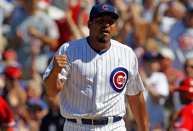 CHICAGO - JUNE 20: Carlos Zambrano #38 of the Chicago Cubs celebrates getting out of an inning-ending jam against the Los Angeles Angels of Anaheim at Wrigley Field on June 20, 2010 in Chicago, Illinois. The Cubs defeated the Angels 12-1. (Photo by Jonathan Daniel/Getty Images)