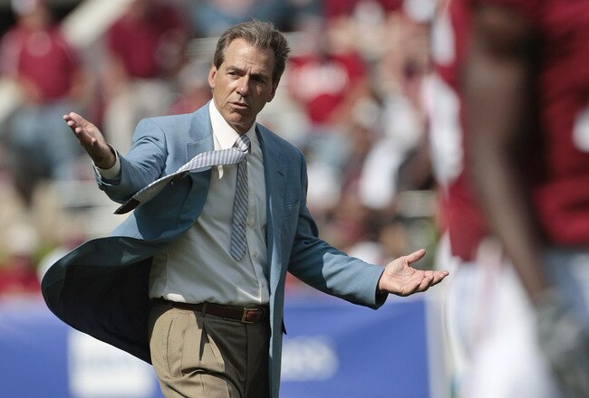 TUSCALOOSA, AL - APRIL 17: Coach Nick Saban of the Alabama Crimson Tide reacts during the Alabama spring game at Bryant Denny Stadium on April 17, 2010 in Tuscaloosa, Alabama. (Photo by Dave Martin/Getty Images)