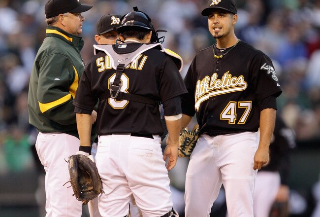 OAKLAND, CA - JULY 07:  Pitching coach Curt Young speaks to Gio Gonzalez #47 of the Oakland Athletics in the fourth inning of their game against the New York Yankess at the Oakland-Alameda County Coliseum on July 7, 2010 in Oakland, California. Gonzalez gave up five runs in the inning. (Photo by Ezra Shaw/Getty Images)