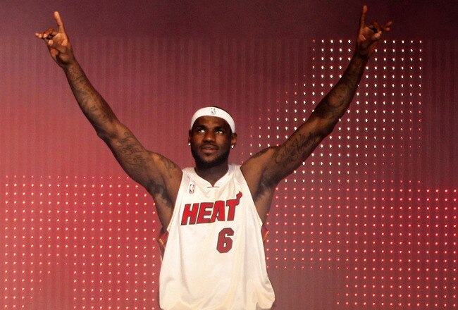 MIAMI - JULY 09:  LeBron James #6 of the Miami Heat is introduced during a welcome party at American Airlines Arena on July 9, 2010 in Miami, Florida.  (Photo by Marc Serota/Getty Images)