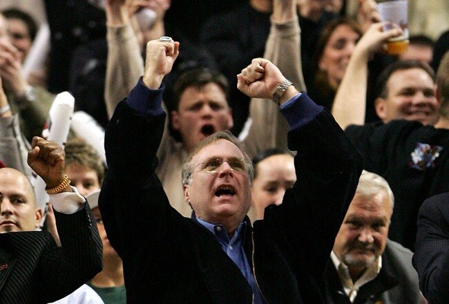 PORTLAND, OR - DECEMBER 21:  Portland Trail Blazers owner Paul Allen celebrates  his team's 10th consecutive victory  during the game against the Denver Nuggets at the Rose Garden on December 21, 2007 in Portland, Oregon.  NOTE TO USER: User expressly acknowledges and agrees that, by downloading and or using this Photograph, user is consenting to the terms and conditions of the Getty Images License Agreement.  (Photo by Jonathan Ferrey/Getty Images)