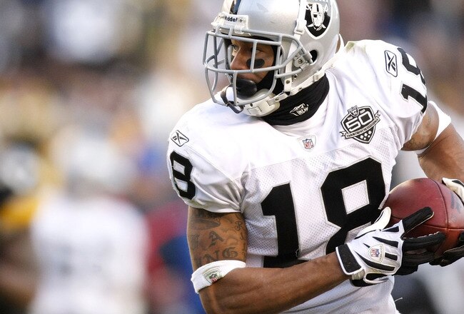 PITTSBURGH - DECEMBER 06:  Louis Murphy #18 of the Oakland Raiders runs for a third quarter touchdown while playing the Pittsburgh Steelers on December 6, 2009 at Heinz Field in Pittsburgh, Pennsylvania. Oakland won the game 27-24.  (Photo by Gregory Shamus/Getty Images)