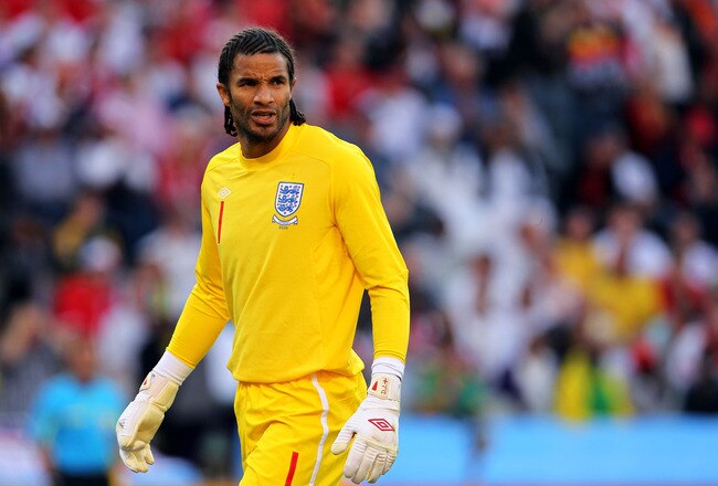 BLOEMFONTEIN, SOUTH AFRICA - JUNE 27:  David James of England looks on during the 2010 FIFA World Cup South Africa Round of Sixteen match between Germany and England at Free State Stadium on June 27, 2010 in Bloemfontein, South Africa.  (Photo by Clive Rose/Getty Images)