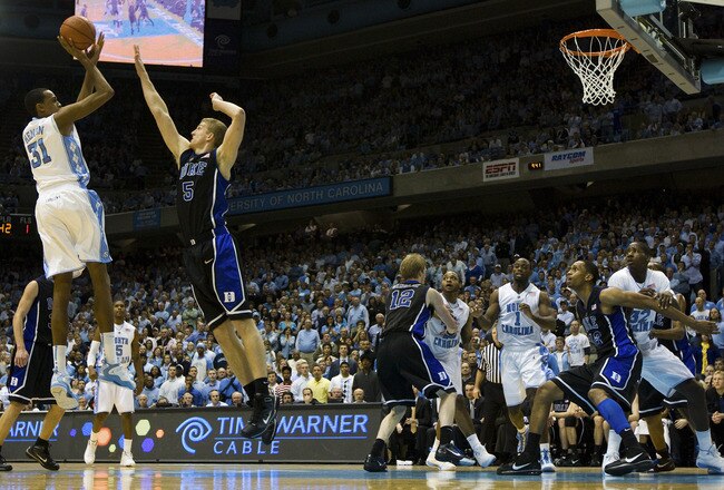 CHAPEL HILL, NC - FEBRUARY 10: North Carolina forward John Henson #31 shoots over Duke forward Mason Plumlee #5 during a men's college basketball game at Dean Smith Center on February 10, 2010 in Chapel Hill, North Carolina. (Photo by Chris Keane/Getty Images)