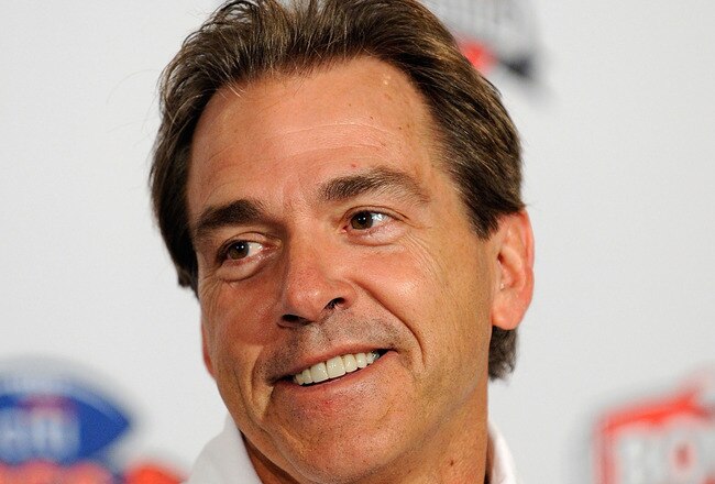 PASADENA, CA - JANUARY 07:  Head coach Nick Saban of the Alabama Crimson Tide speaks during a press conference after winning the Citi BCS National Championship game over the Texas Longhorns at the Rose Bowl on January 7, 2010 in Pasadena, California. The Crimson Tide defeated the Longhorns 37-21.  (Photo by Kevork Djansezian/Getty Images)