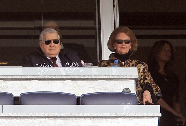 NEW YORK - APRIL 13:  Team owner George Steinbrenner and his wife Joan watch the New York Yankees play against  of the Los Angeles Angels of Anaheim during the Yankees home opener at Yankee Stadium on April 13, 2010 in the Bronx borough of New York City.  (Photo by Jim McIsaac/Getty Images)