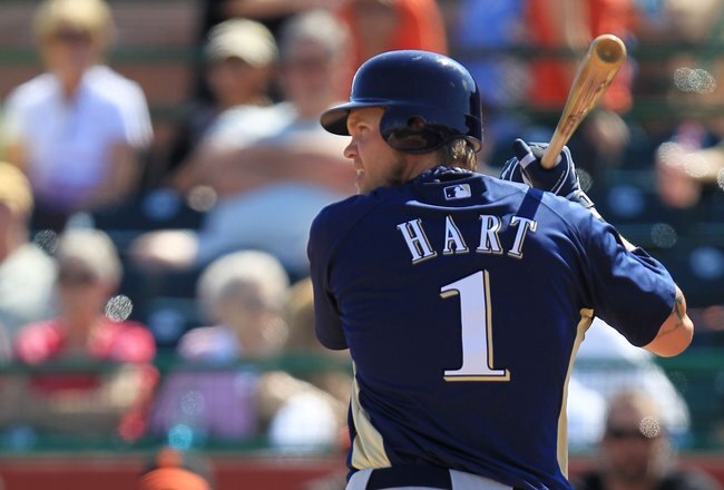 SCOTTSDALE, AZ - MARCH 04:  Corey Hart #1 of the Milwaukee Brewers bats against the San Francisco Giants during a spring training game at Scottsdale Stadium on March 4, 2010 in Scottsdale, Arizona.  (Photo by Chris McGrath/Getty Images)