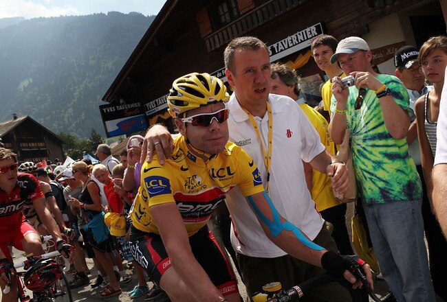 AVORIAZ, FRANCE - JULY 13: Australian Cadel Evans of team BMC prepares to depart Morzine Avoriaz for the start of stage nine of the Tour de France on July 13, 2010 in Avoriaz, France. In the heart of the Alps, the route will take riders on a 204km ride through mountainous terrain ending in the town of St. Jean De Maurienne. Evans will start the day in the yellow jersey as race leader. The iconic bicycle race will include a total of 20 stages and will cover 3,642km before concluding in Paris on July 25.  (Photo by Spencer Platt/Getty Images)